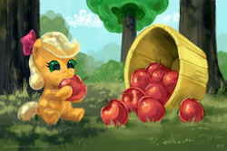 Size: 1200x800 | Tagged: safe, alternate version, artist:kp-shadowsquirrel, imported from derpibooru, applejack, earth pony, pony, apple, baby, baby pony, babyjack, basket, bow, bucket, dappled sunlight, eating, female, filly, filly applejack, foal, food, herbivore, sitting, solo, younger