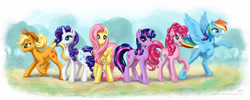 Size: 2500x1000 | Tagged: safe, alternate version, artist:kp-shadowsquirrel, imported from derpibooru, applejack, fluttershy, pinkie pie, rainbow dash, rarity, twilight sparkle, earth pony, pegasus, pony, unicorn, female, mane six, mare, unicorn twilight