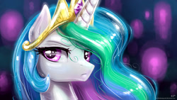 Size: 1920x1080 | Tagged: safe, alternate version, artist:kp-shadowsquirrel, imported from derpibooru, princess celestia, alicorn, pony, bust, crown, eyebrows, female, frown, jewelry, mare, regalia, shiny, shiny mane, signature, solo, wallpaper