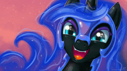 Size: 1920x1080 | Tagged: safe, artist:kp-shadowsquirrel, imported from derpibooru, nightmare moon, alicorn, pony, bust, cute, fangs, female, happy, looking at you, mare, moonabetes, open mouth, portrait, smiling, solo, wallpaper