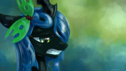 Size: 1920x1080 | Tagged: safe, artist:kp-shadowsquirrel, imported from derpibooru, queen chrysalis, changeling, changeling queen, alternate hairstyle, braces, bust, cute, cutealis, dork, dorkalis, female, frown, gritted teeth, hair ornament, hair over one eye, hairclip, lidded eyes, portrait, sad, solo, teeth, wallpaper