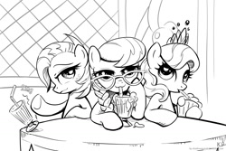 Size: 1500x1000 | Tagged: safe, alternate version, artist:kp-shadowsquirrel, imported from derpibooru, babs seed, diamond tiara, silver spoon, earth pony, pony, bedroom eyes, female, filly, foal, glasses, lineart, milkshake, monochrome