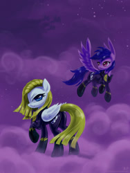 Size: 1200x1600 | Tagged: safe, alternate version, artist:kp-shadowsquirrel, imported from derpibooru, firefly, surprise, pegasus, pony, butt, clothes, cloud, cloudy, costume, female, flying, g1, g1 to g4, g4, generation leap, mare, plot, shadowbolts, shadowbolts costume, surprisamena