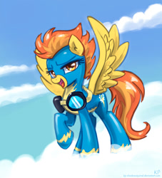 Size: 1000x1100 | Tagged: safe, artist:kp-shadowsquirrel, imported from derpibooru, spitfire, pegasus, pony, clothes, cloud, cloudy, female, goggles, mare, solo, uniform, wonderbolts uniform