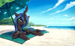 Size: 1600x1000 | Tagged: safe, alternate version, artist:kp-shadowsquirrel, imported from derpibooru, queen chrysalis, changeling, changeling queen, beach, beach blanket, beach umbrella, female, lying down, solo