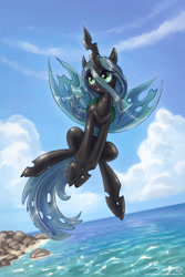 Size: 1100x1650 | Tagged: safe, alternate version, artist:kp-shadowsquirrel, imported from derpibooru, queen chrysalis, changeling, changeling queen, beach, cute, cutealis, female, insect wings, midair, ocean, open mouth, signature, solo, spread wings, water, wings