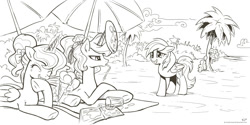 Size: 2000x1000 | Tagged: safe, alternate version, artist:kp-shadowsquirrel, imported from derpibooru, pinkie pie, princess celestia, princess luna, rainbow dash, alicorn, earth pony, pegasus, pony, beach, female, food, frisbee, ice cream, lineart, mare, monochrome, this will end in banishment, unamused