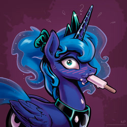 Size: 1600x1600 | Tagged: safe, alternate version, artist:kp-shadowsquirrel, imported from derpibooru, princess luna, alicorn, pony, 2013, alternate hairstyle, blushing, eating, embarrassed, female, food, looking at you, ponytail, popsicle, solo, sucking, suggestive eating, surprised, sweat, wide eyes