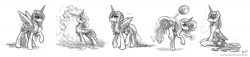 Size: 2200x500 | Tagged: safe, artist:kp-shadowsquirrel, imported from derpibooru, princess luna, alicorn, pony, ball, ethereal mane, female, grayscale, monochrome, sketch, sketch dump, solo, water, wet, wet mane