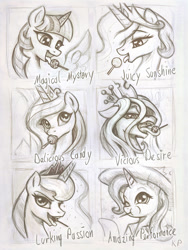 Size: 1125x1500 | Tagged: safe, artist:kp-shadowsquirrel, imported from derpibooru, princess cadance, princess celestia, princess luna, queen chrysalis, trixie, twilight sparkle, alicorn, pony, candy, female, food, lollipop, mare, monochrome, suggestive eating, traditional art, twilight sparkle (alicorn)