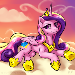 Size: 1500x1500 | Tagged: safe, alternate version, artist:kp-shadowsquirrel, imported from derpibooru, princess cadance, alicorn, pony, 2015, cloud, cloudy, female, folded wings, lying down, lying on a cloud, mare, on a cloud, prone, signature, smiling, solo, wings