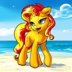 Size: 1500x1500 | Tagged: safe, artist:kp-shadowsquirrel, imported from derpibooru, sunset shimmer, pony, unicorn, equestria girls, backwards cutie mark, beach, female, lidded eyes, mare, open mouth, raised hoof, solo