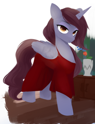 Size: 1312x1707 | Tagged: safe, artist:some_ponu, imported from derpibooru, oc, oc:joyful journey, alicorn, pony, fallout equestria, artificial alicorn, clothes, female, horn, looking at you, mare, red dress, simple background, smiling, solo, transgender, white background, wings