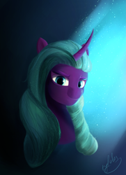 Size: 2275x3150 | Tagged: safe, artist:tyleks, imported from derpibooru, opaline arcana, alicorn, pony, spoiler:g5, spoiler:my little pony: make your mark, bust, clip studio paint, colored, curved horn, female, g5, high res, horn, mare, my little pony: make your mark, portrait, signature, simple background, smiling, smirk, solo