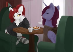 Size: 1782x1275 | Tagged: safe, artist:some_ponu, imported from derpibooru, oc, oc only, oc:evelyn, oc:joyful journey, alicorn, pony, unicorn, fallout equestria, armchair, artificial alicorn, cake, chair, cheesecake, clothes, cup, cute, duo, eating, fangs, female, food, horn, mare, smiling, socks, stockings, striped socks, table, tea party, teacup, thigh highs, wings