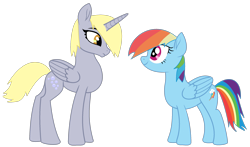 Size: 2493x1469 | Tagged: safe, artist:fantasia-bases, artist:twilyisbestpone, imported from derpibooru, derpy hooves, rainbow dash, alicorn, pegasus, pony, alicornified, base used, derpicorn, duo, duo female, eye contact, female, folded wings, full body, hooves, horn, looking at each other, looking at someone, mare, race swap, simple background, smiling, standing, tail, transparent background, wings, wrong eye shape