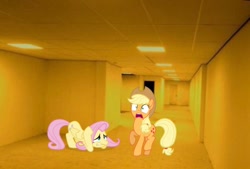 Size: 750x507 | Tagged: safe, artist:benpictures1, artist:guillex3, artist:tardifice, imported from derpibooru, applejack, fluttershy, earth pony, pegasus, pony, applejack's hat, carpet, cowboy hat, cute, duo, duo female, female, hallway, hat, irl, jackabetes, lights, mare, photo, ponies in real life, scared, shyabetes, the backrooms