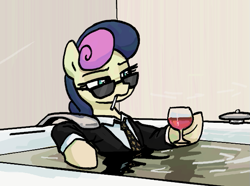 Size: 597x444 | Tagged: safe, artist:plunger, imported from derpibooru, bon bon, sweetie drops, earth pony, pony, alcohol, bathroom, bathtub, bon bon is not amused, cigarette, clothes, drawthread, eyebrows, female, glass, holding, hoof hold, magnetic hooves, mare, necktie, no fucks, ponified, reflection, smoking, solo, suit, sunglasses, tap, unamused, underhoof, water, wine, wine glass