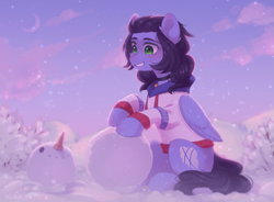 Size: 1469x1080 | Tagged: safe, artist:floweryoutoday, imported from derpibooru, oc, oc only, oc:skiu, pegasus, pony, bell, bell collar, clothes, collar, commission, smiling, snowman, solo, winter