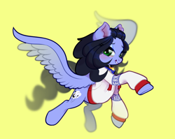 Size: 2600x2067 | Tagged: safe, artist:rrd-artist, imported from derpibooru, oc, oc only, oc:skiu, pegasus, pony, bell, bell collar, clothes, collar, commission, eyeshadow, makeup, simple background, smiling, solo, spread wings, wings