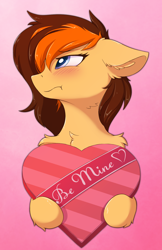Size: 1240x1915 | Tagged: safe, artist:wolfypon, imported from derpibooru, oc, oc:aerion featherquill, pegasus, pony, blushing, box of chocolates, chest fluff, commission, ear fluff, female, floppy ears, holiday, mare, solo, tsundere, valentine's day, ych result