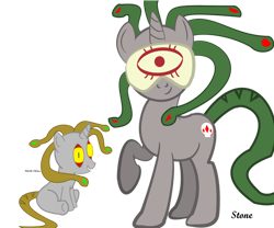 Size: 980x815 | Tagged: safe, artist:riygan, imported from derpibooru, oc, oc only, oc:perish chime, oc:stone, gorgon, pony, snake, unicorn, blindfold, cute, equinox ponies, female, forked tongue, horn, mare, simple background, smiling, story included, text, transparent background