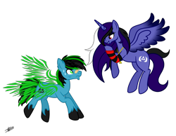 Size: 6636x5162 | Tagged: safe, artist:princessmoonsilver, imported from derpibooru, oc, oc:dark moon silver, oc:tricket, alicorn, earth pony, pony, flying, simple background, spread wings, transparent background, wings