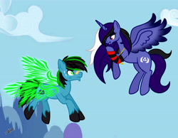 Size: 6636x5162 | Tagged: safe, artist:princessmoonsilver, imported from derpibooru, oc, oc:dark moon silver, oc:tricket, alicorn, earth pony, pony, flying, spread wings, wings
