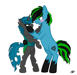 Size: 2830x2746 | Tagged: safe, artist:princessmoonsilver, imported from derpibooru, oc, oc:onice, oc:tricket, changeling, earth pony, pony, bipedal, changeling oc, couple, simple background, transparent background