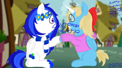 Size: 1366x768 | Tagged: safe, artist:ideletedsystem64, imported from derpibooru, oc, oc only, alicorn, pegasus, pony, blonde, blue mane, bow, clothes, duo, female, floral head wreath, flower, gift art, hair bow, holding hooves, hoodie, mare, ponyville, scarf, smiling, sparkly eyes, striped scarf, wingding eyes