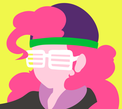 Size: 2594x2312 | Tagged: safe, artist:egor418, imported from derpibooru, pinkie pie, human, dance magic, equestria girls, spoiler:eqg specials, bust, clothes, female, hat, lineless, mc pinkie, minimalist, portrait, shutter shades, simple background, solo, sunglasses, yellow background