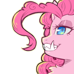 Size: 1159x1159 | Tagged: safe, artist:cold-blooded-twilight, imported from derpibooru, part of a set, pinkie pie, earth pony, pony, chest fluff, curly hair, eyeshadow, fangs, female, makeup, sharp teeth, simple background, solo, teeth, transparent background