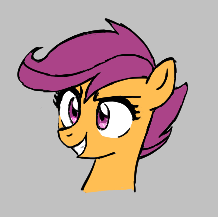 Size: 218x217 | Tagged: safe, artist:kabayo, imported from derpibooru, scootaloo, pegasus, pony, aggie.io, bust, female, filly, foal, gray background, gritted teeth, lowres, simple background, smiling, solo, teeth