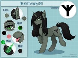 Size: 4050x3018 | Tagged: safe, artist:bellfa, derpibooru exclusive, imported from derpibooru, oc, oc only, oc:braunly, pony, unicorn, black hair, black mane, black tail, cutie mark, eyelashes, female, happy, horn, looking at you, magic, magic aura, mare, pony oc, reference sheet, smiling, smiling at you, solo, tail, teeth, unicorn oc