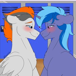 Size: 5000x5000 | Tagged: safe, artist:rcdesenhista, imported from derpibooru, oc, oc only, oc:midnight nova, oc:sukko, pegasus, pony, unicorn, blushing, chest fluff, eye contact, floppy ears, gay, heart, locker room, lockers, looking at each other, looking at someone, male, oc x oc, shipping, stallion