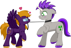 Size: 1920x1302 | Tagged: safe, artist:alexdti, imported from derpibooru, oc, oc only, oc:freako, oc:purple creativity, pegasus, pony, unicorn, chest fluff, female, floating heart, heart, leash, male, mare, mouth hold, not sure if want, pet play, simple background, stallion, straight, transparent background