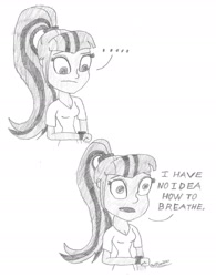 Size: 1516x1946 | Tagged: safe, artist:owl-eye-2010, imported from derpibooru, sonata dusk, human, equestria girls, ..., 2015, asdfmovie, female, monochrome, pencil drawing, solo, traditional art, watch