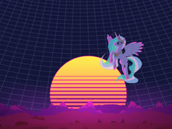 Size: 1200x900 | Tagged: safe, artist:marrsund, imported from derpibooru, princess celestia, alicorn, pony, retrowave, scenery, sky, solo, synthwave