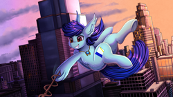 Size: 1920x1080 | Tagged: safe, artist:pridark, imported from derpibooru, oc, oc only, oc:lunar dusk, bat pony, pony, bat pony oc, building, city, commission, crossover, male, marvel, medallion, skyscraper, solo, spider-man