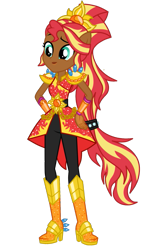 Size: 549x960 | Tagged: safe, artist:mixiepie, color edit, edit, editor:black-bonnie, imported from derpibooru, sunset shimmer, human, equestria girls, legend of everfree, alternate hairstyle, boots, clothes swap, crystal guardian, dark skin, high heel boots, palette swap, ponied up, ponytail, recolor, shoes, simple background, skin color edit, solo, transparent background, vector