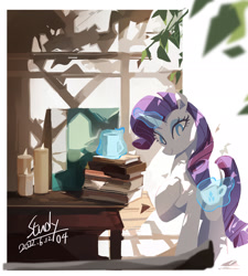 Size: 1938x2151 | Tagged: safe, artist:fan_silversol, imported from derpibooru, rarity, pony, unicorn, book, candle, dappled sunlight, female, magic, mare, solo, telekinesis