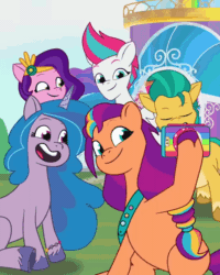 Size: 600x750 | Tagged: safe, imported from derpibooru, screencap, hitch trailblazer, izzy moonbow, pipp petals, sunny starscout, zipp storm, earth pony, pegasus, pony, unicorn, :p, animated, cellphone, cute, female, g5, gif, grin, izzybetes, male, mane five (g5), mare, my little pony logo, my little pony: tell your tale, one eye closed, open mouth, open smile, phone, selfie, smartphone, smiling, stallion, sunnybetes, tongue out, wink