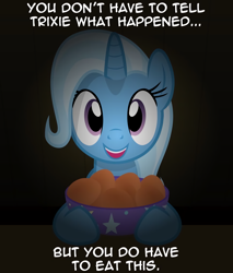 Size: 1744x2048 | Tagged: artist needed, safe, imported from ponybooru, trixie, unicorn, bowl, dialogue, egg, female, food, looking at you, mare, simple background, solo, you have to eat all the eggs