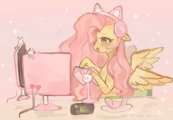 Size: 2092x1456 | Tagged: safe, artist:faiirychild, imported from derpibooru, fluttershy, pegasus, pony, cat ears, controller, cup, cute, desktop, female, floppy ears, gamershy, gaming, gaming headset, green tea, headset, mare, monster energy, open mouth, shyabetes, solo, teacup