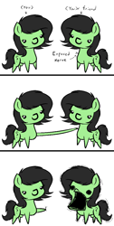 Size: 562x1119 | Tagged: safe, artist:seafooddinner, imported from derpibooru, oc, oc only, oc:filly anon, earth pony, pony, 3 panel comic, agony, comic, duo, exposed nerve, female, filly, foal, meme, pain, ponified meme, screaming, simple background, this ended in pain