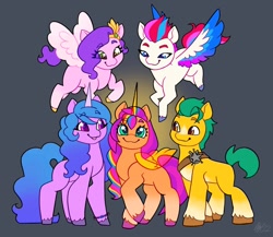 Size: 1024x889 | Tagged: safe, artist:catmintyt, imported from derpibooru, hitch trailblazer, izzy moonbow, pipp petals, sunny starscout, zipp storm, alicorn, earth pony, pegasus, pony, unicorn, :3, cute, female, flying, g5, male, mane five (g5), mare, my little pony: a new generation, race swap, stallion, sunnycorn