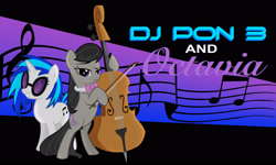 Size: 3162x1897 | Tagged: safe, artist:greenmachine987, imported from derpibooru, dj pon-3, octavia melody, vinyl scratch, earth pony, pony, unicorn, bipedal, cello, female, headphones, mare, musical instrument, wallpaper