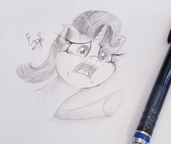 Size: 1701x1437 | Tagged: safe, artist:engi, imported from derpibooru, starlight glimmer, pony, unicorn, a horse shoe-in, female, open mouth, pencil, pencil drawing, phyllis no!, simple background, solo, teary eyes, traditional art