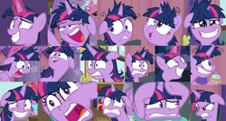 Size: 1821x978 | Tagged: safe, edit, edited screencap, imported from derpibooru, screencap, cup cake, pinkie pie, spike, twilight sparkle, alicorn, earth pony, pony, a trivial pursuit, season 9, angry, bell, close-up, crazy face, facial expressions, faic, female, floppy ears, grin, gritted teeth, insanity, magic, magic aura, mare, messy mane, nervous, nervous grin, offscreen character, open mouth, shrunken pupils, smiling, solo focus, spread wings, teeth, telekinesis, this is trivia trot, this will end in randomness, twilight being twilight, twilight snapple, twilight sparkle (alicorn), twilight sparkle is best facemaker, twilight sparkle is not amused, twilighting, unamused, wings