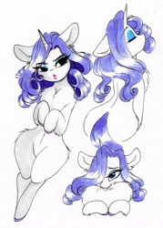 Size: 1468x2048 | Tagged: safe, artist:cherubisous, imported from derpibooru, rarity, semi-anthro, unicorn, butt, chest fluff, ear fluff, eye clipping through hair, eyes closed, female, fluffy, hair over one eye, hip fluff, lipstick, mare, plot, rearity, simple background, sitting, solo, white background, wide hips
